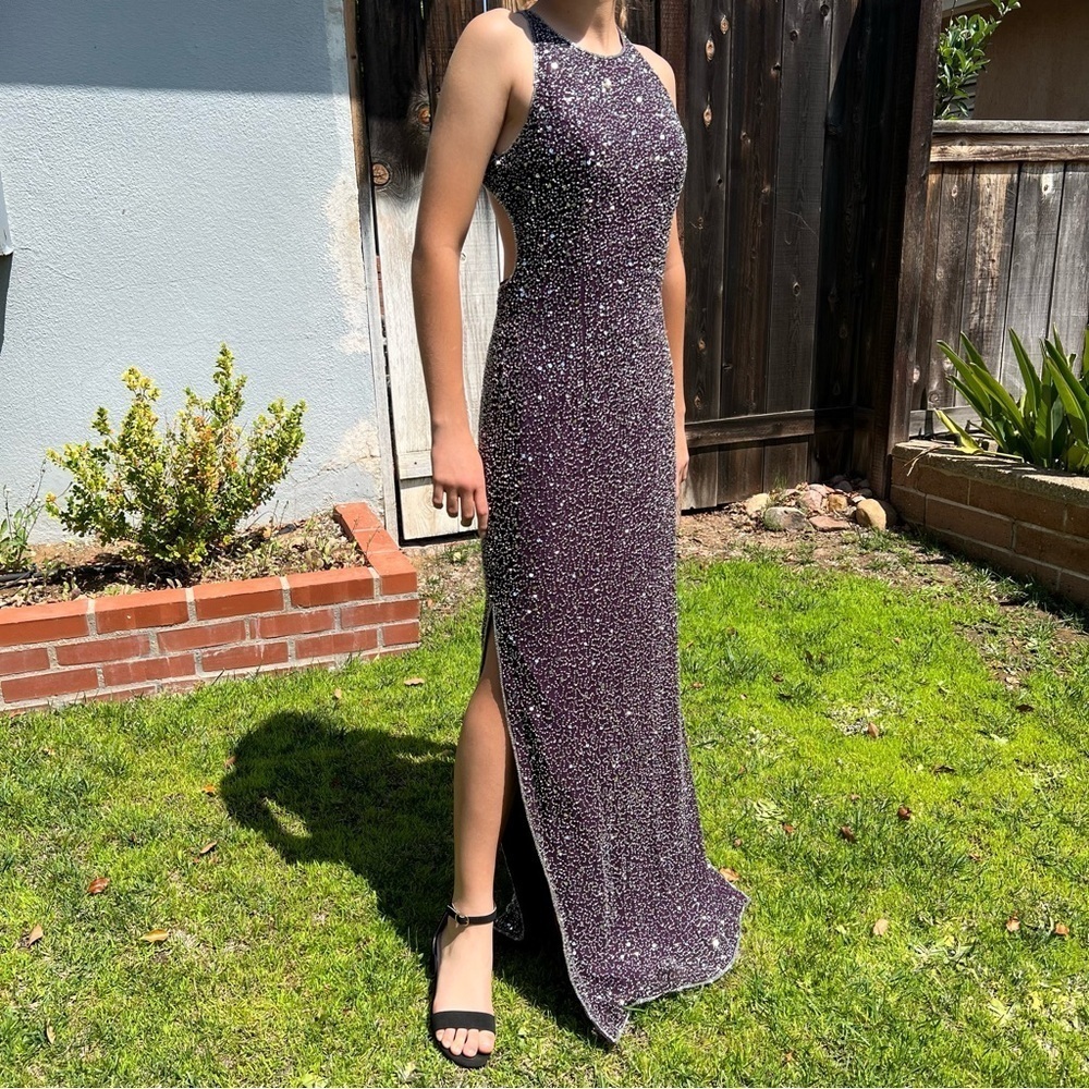 VTG 90s Romy Scala 100% Silk Beaded Formal Backless Maxi Dress Plum Purple Med